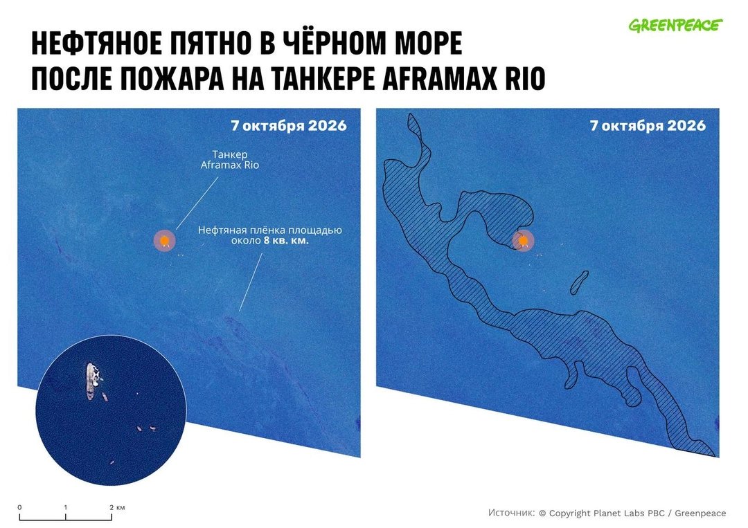 PlanetScope panels, 7 Oct 2026. Greenpeace graphic of a slick labelled 25 km².