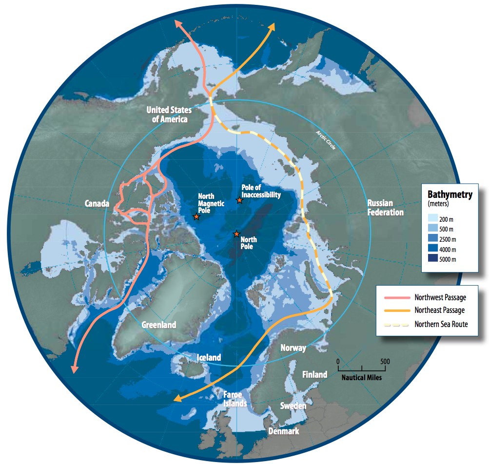 Arctic routes: Northwest Passage, Northeast Passage, and the Northern Sea Route. Context for the eastbound run — not a track of the unnamed tanker.