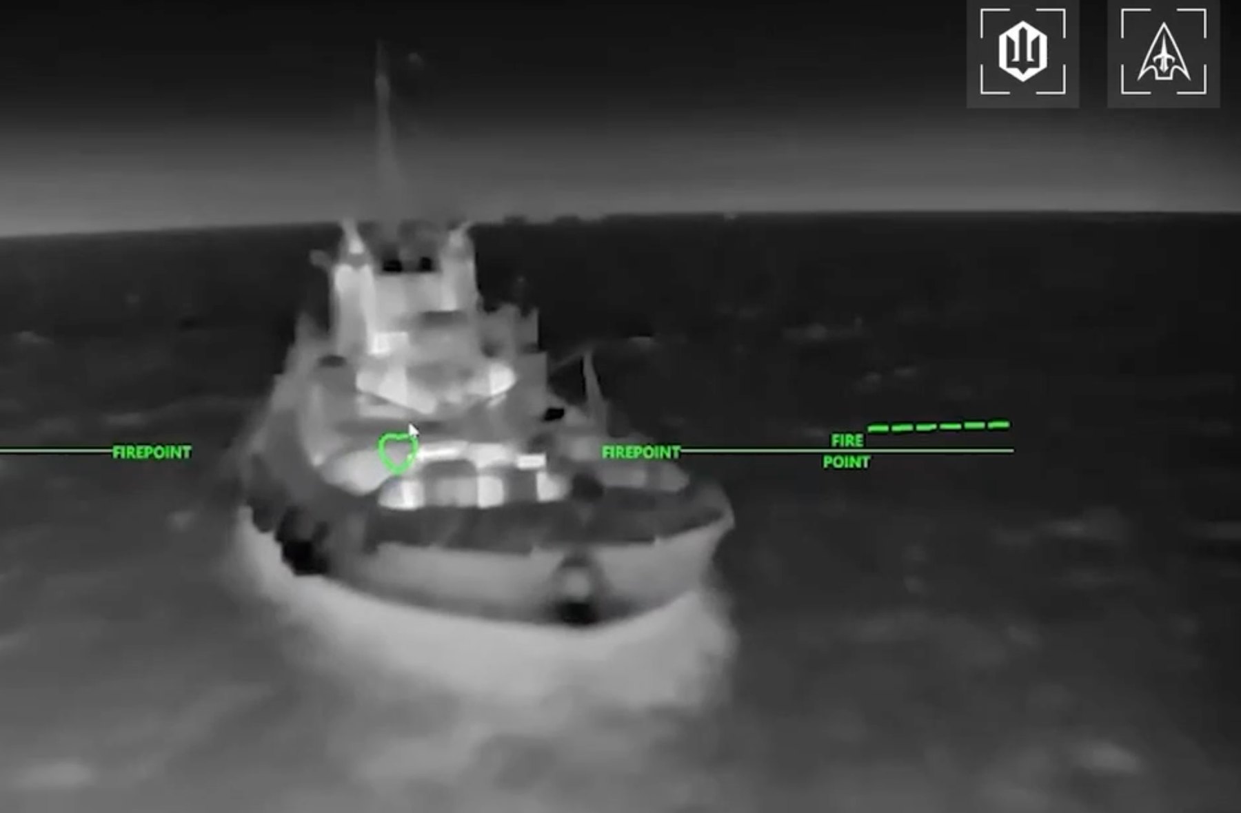 Released thermal still from the same campaign file. Fire-point overlay in frame. The ship is not identified.