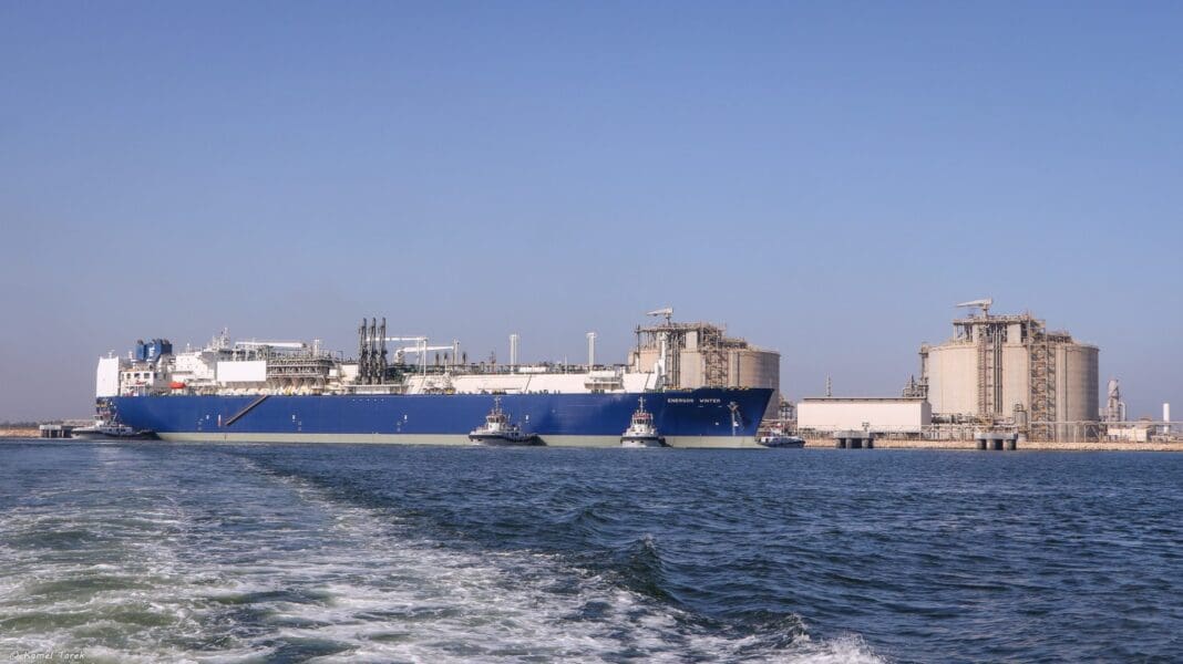 GasLog Salem at a terminal with tugs. Identification only. Not Damietta on 29 July.