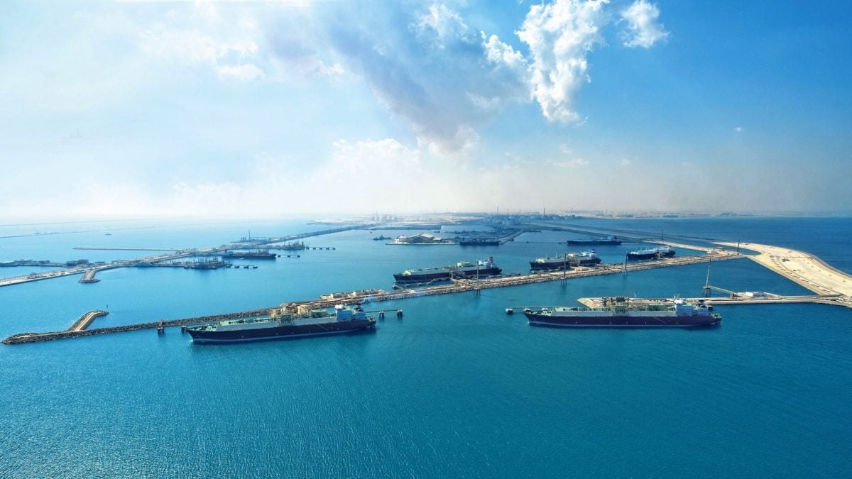 Aerial. LNG carriers at Ras Laffan.