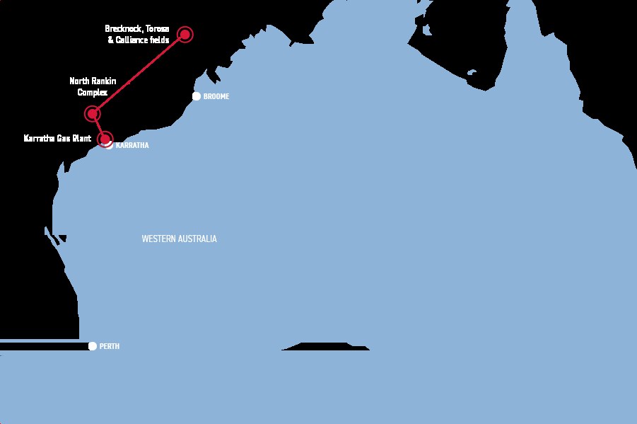 Map. Brecknock, Torosa and Calliance marked to North Rankin and Karratha.